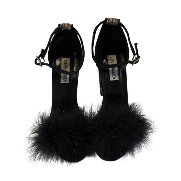 Steve Madden Carabu Black Chunky Heel Gold Floral Feathers  Wm's Size 7.5 - Picture 3 of 9